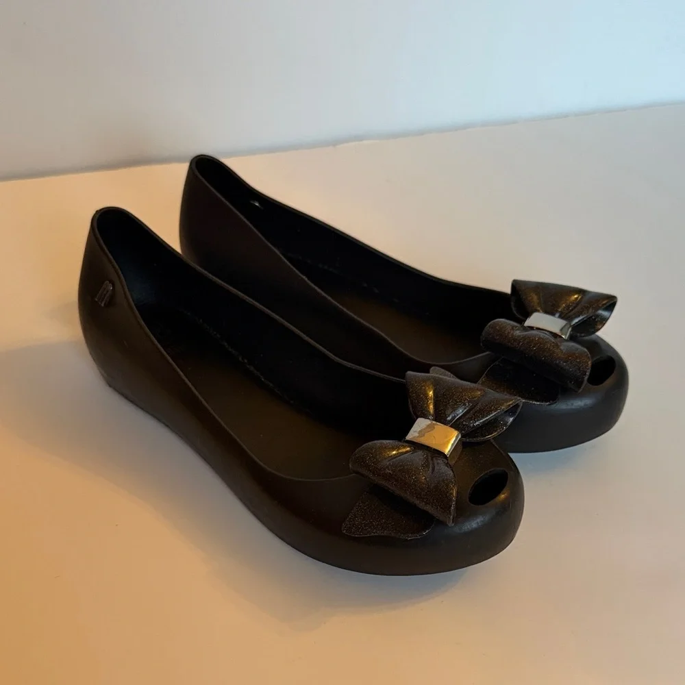MEL Mini Melissa Ultra Girl sz 2 3 Black Ballet Jelly Flats peep toe bow